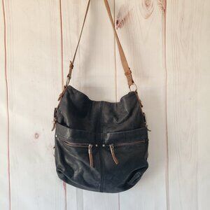 The Sak Black Leather Hobo Shoulder Purse, Pebbled Leather w/ Brown Strap